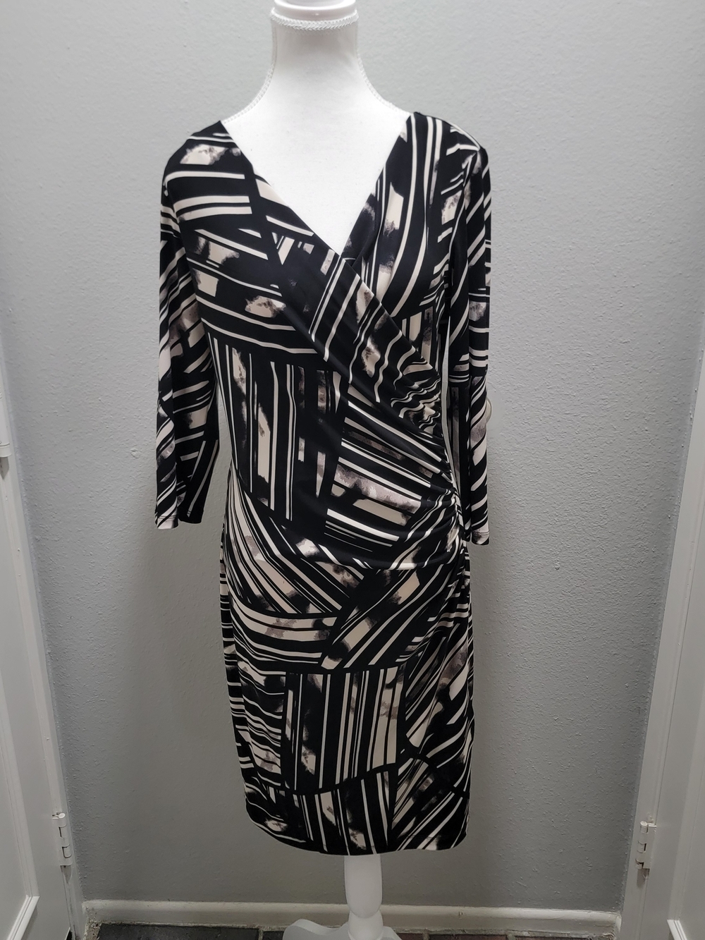 Joseph Ribkoff Black and Cream Printed Midi Dress